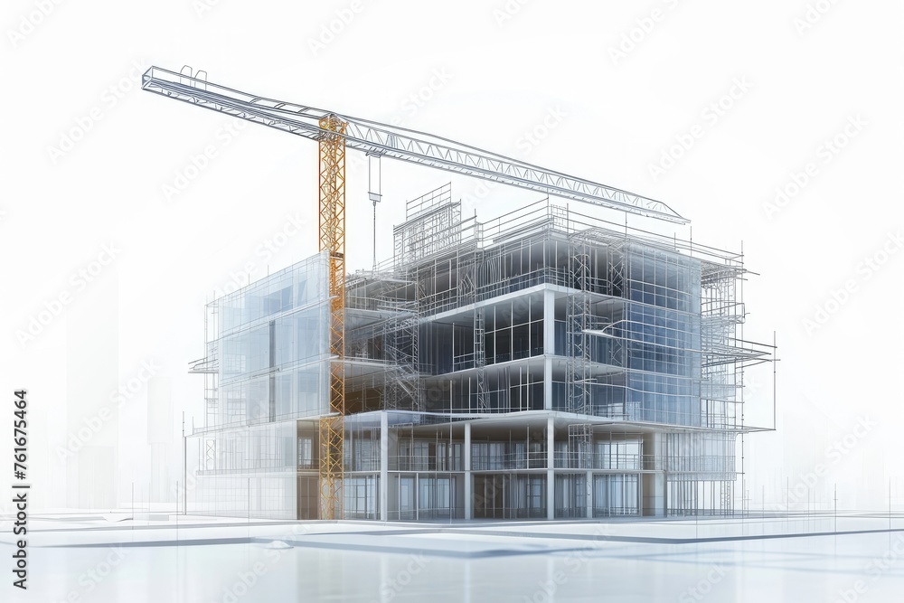 Tall Building With Construction Crane on Top, A transparent depiction of an energy-efficient building under construction, AI Generated