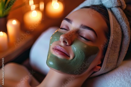 A Tranquil Moment of Self-Care Woman Indulges in a Relaxing Green Clay Facial Mask, Surrounded by the Warm Glow of Candles.