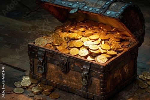 A chest filled with gold coins is placed on a wooden floor, creating an enticing and valuable display, A treasure chest filled with golden coins, symbolizing wealth, AI Generated