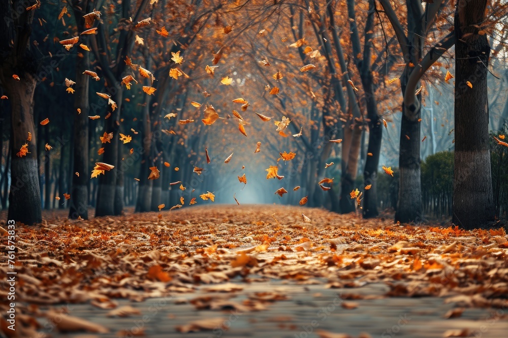 A road in the midst of autumn, completely covered with a thick layer of fallen leaves, A tree avenue filled with falling leaves in a peaceful park, AI Generated