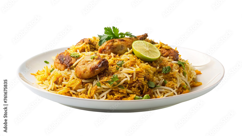 White plate of chicken biryani. isolated on transparent background.