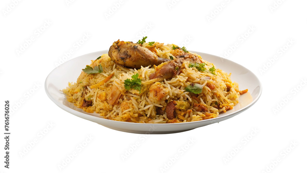 White plate of chicken biryani. isolated on transparent background. White plate of chicken biryani. isolated on transparent background.