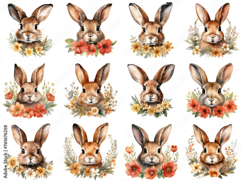 Fototapeta premium Adorable Watercolor Rabbits. Celebrate Spring with these Floral Bunny Illustrations