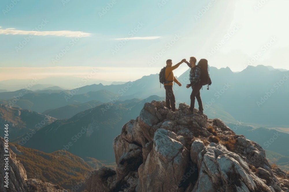 Two Hikers Summiting a Mountain Peak, A true show of friendship with a hiker assisting his friend on a mountaintop, AI Generated