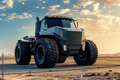 A large truck kicks up a cloud of dust as it drives down a rugged dirt road, A truck-sized electric vehicle with large heavy-duty tires, AI Generated