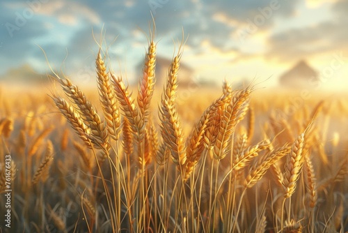 Ears of golden wheat in close-up. Beautiful natural landscape at sunset. A field with wheat