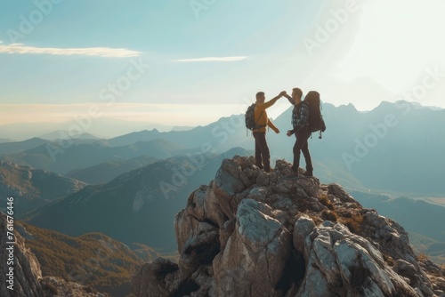 Two Hikers Summiting a Mountain Peak  A true show of friendship with a hiker assisting his friend on a mountaintop  AI Generated