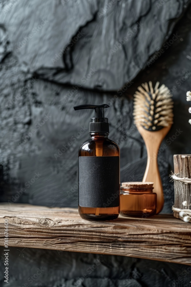 Black matte background, dark stone shelf with amber glass bottle of shampoo and black hair brush, Black matte background, dark stone shelf with amber glass bottle of shampoo and black hair brush,