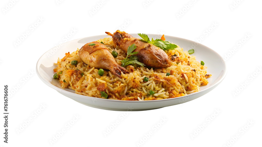 White plate of chicken biryani. isolated on transparent background.