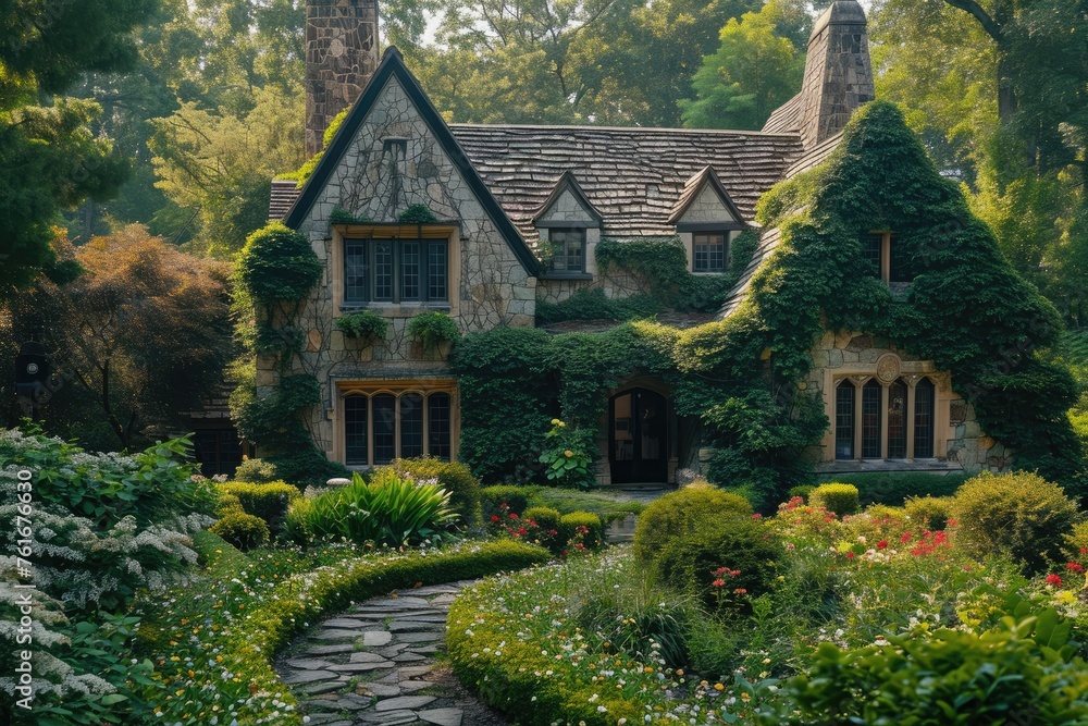 A traditional house with a stone pathway leading to the front entrance, surrounded by greenery, A Tudor-style cottage with ivy-clad walls sitting amidst an English garden, AI Generated