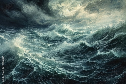 A painting capturing the awe-inspiring presence of a massive wave crashing in the ocean, A turbulent hurricane at sea, AI Generated © Iftikhar alam
