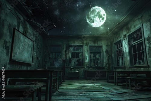 A dimly lit room with a sinister atmosphere, featuring a full moon casting an unsettling glow through the window, A vacant, antiquated classroom starlit under the moonlight, AI Generated photo