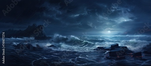 A dramatic seascape at dusk with turbulent waters under a full moon peeking through the cumulus clouds, creating a mesmerizing and fluid landscape