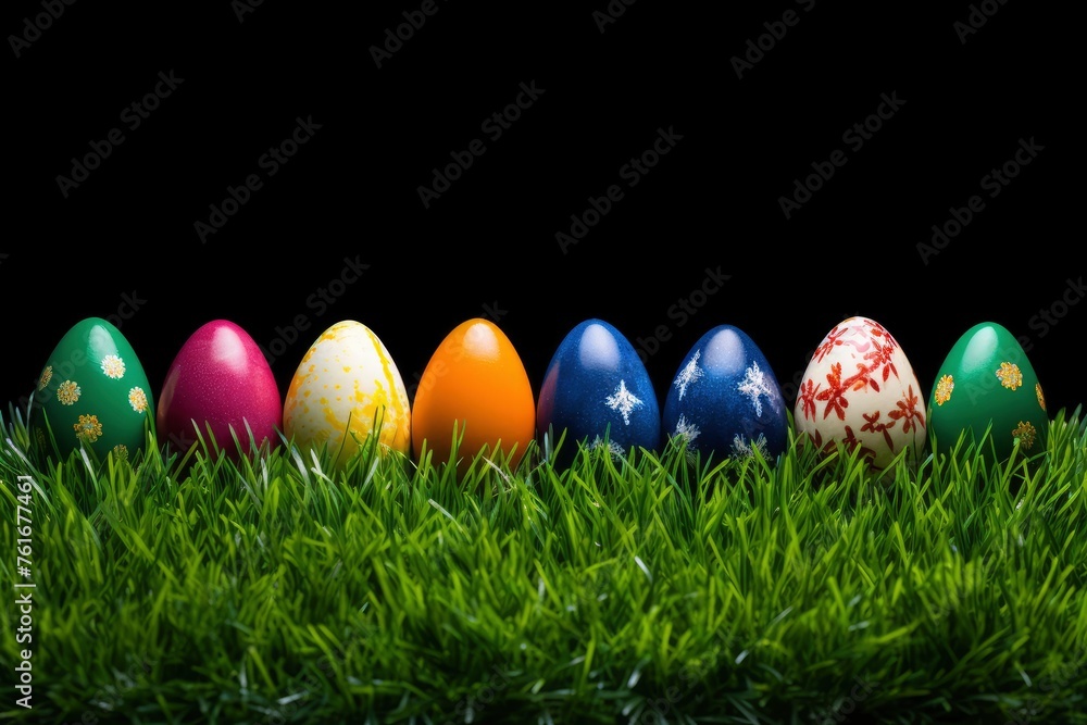 Row of Easter eggs in Fresh Green Grass - generative ai Row of Easter eggs in Fresh Green Grass - generative ai