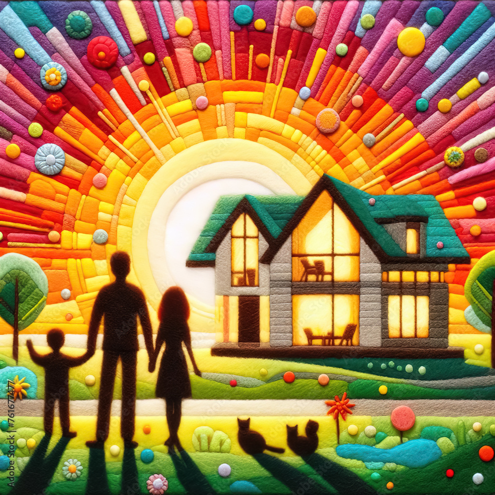 Felt art patchwork, Happy family standing on a lawn, gazing at a contemporary new house