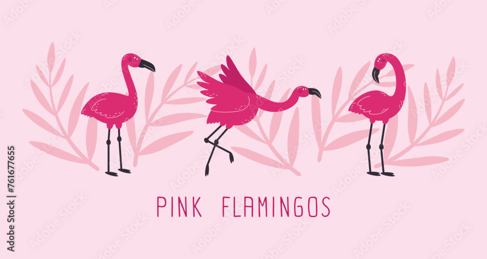 Fototapeta premium Colorful background with pink flamingos and tropical plants. Flamingos and leaves vector set