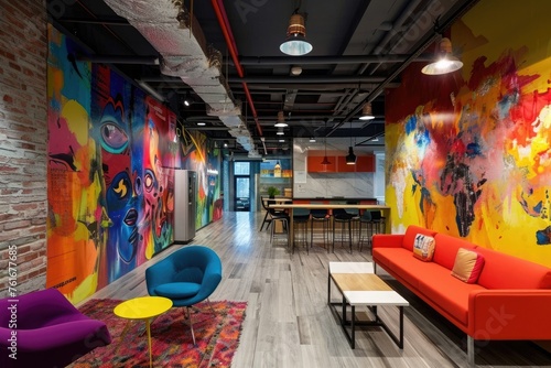 A brightly colored room filled with natural light features a large, captivating painting adorning the wall, A vibrant advertising agency office with creative motifs, AI Generated