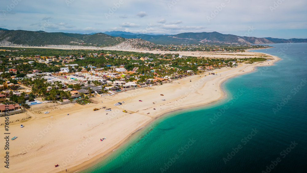 Aerial of Los Barriles  town in La Paz Municipality, Baja California Sur, Mexico desert and beach - obrazy, fototapety, plakaty 