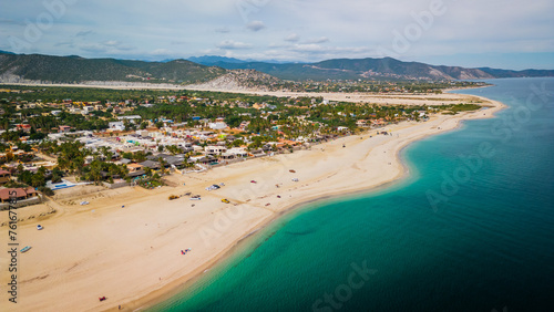 Aerial of Los Barriles  town in La Paz Municipality, Baja California Sur, Mexico desert and beach © Michele