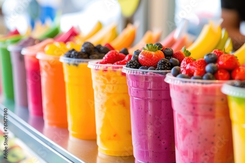 A vibrant row of smoothie cups filled with an assortment of fresh fruits, creating a visually appealing display, A vibrant, colorful display of various fruit smoothies in takeaway cups, AI Generated