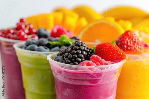 Close-up of Three Cups of Food  Rice  Salad  and Chicken  A vibrant  colorful display of various fruit smoothies in takeaway cups  AI Generated
