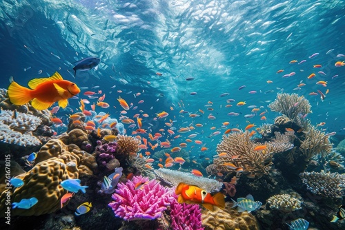 A multitude of fish gracefully swim above a vibrant coral reef, creating a captivating underwater spectacle, A vibrant coral reef bustling with tropical fish and marine life, AI Generated