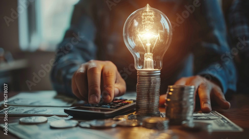 A hand touching a light bulb stacked on coins with a calculator and money, symbolizing financial planning and innovation. photo