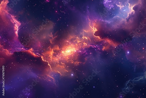 Vibrant Space Filled With Colorful Stars and Clouds, A vibrant interstellar cloudscape unfolding in the heart of a galaxy, AI Generated photo
