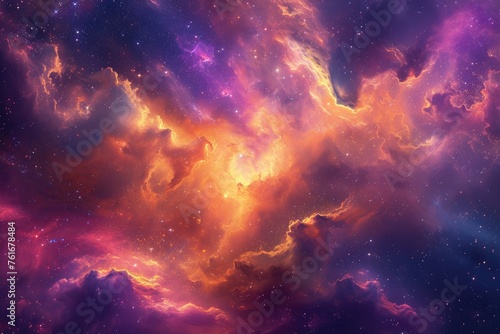 This photo captures a vibrant and lively space with numerous stars and clouds, A vibrant interstellar cloudscape unfolding in the heart of a galaxy, AI Generated