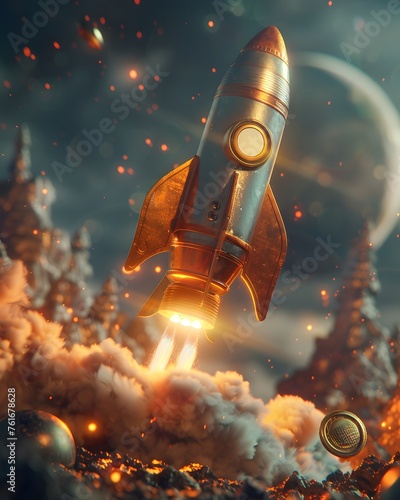 Startup and begin concept with a rocket flying up