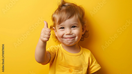 A toddler giving a thumbs up on yellow background