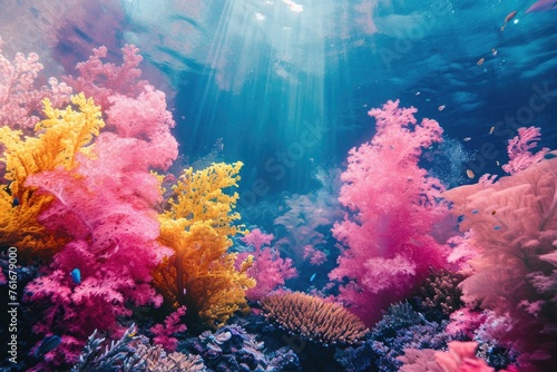 Colorful Underwater Scene of Corals and Seaweed, A vibrant underwater coral reef brimming with a riot of color, AI Generated © Iftikhar alam
