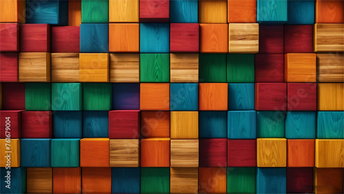 3D Rainbow various wood pieces creating an interesting pattern like saqure. colorful wooden square cubes
