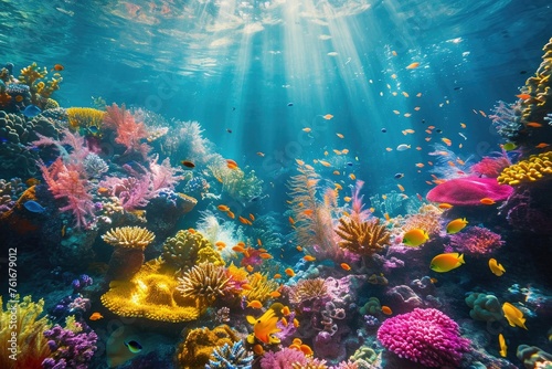 An underwater view showcasing the vibrant colors of a diverse coral reef  A vibrant underwater coral reef brimming with a riot of color  AI Generated