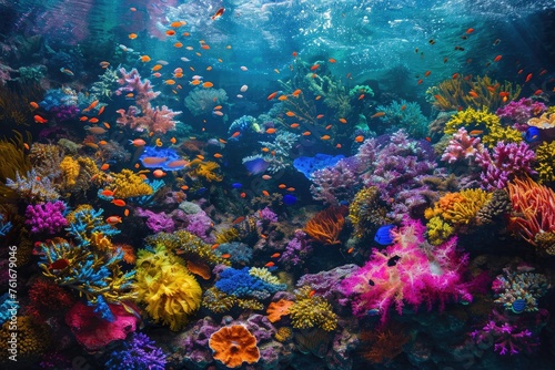 This photo captures the beauty of a vibrant coral reef teaming with diverse marine life under the sea, A vibrant underwater coral reef brimming with a riot of color, AI Generated