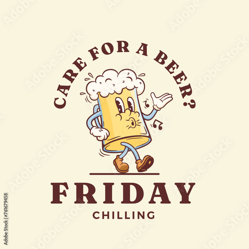 Beer Cartoon Groovy Mascot Retro Illustration. Vintage Alcohol Drink Glass Whistling a Funny Melody, Walking Past the Friday Chill Wooden Arrow Sign. Rubber Hose Style Isolated