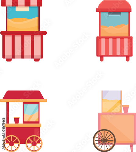 Popcorn machine icons set cartoon vector. Vintage kiosk in amusement park. Street food