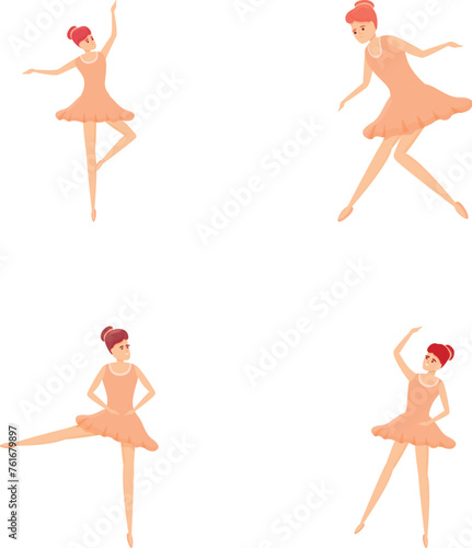 Ballerina dancer icons set cartoon vector. Ballerina girl in beautiful pose. Ballet, art