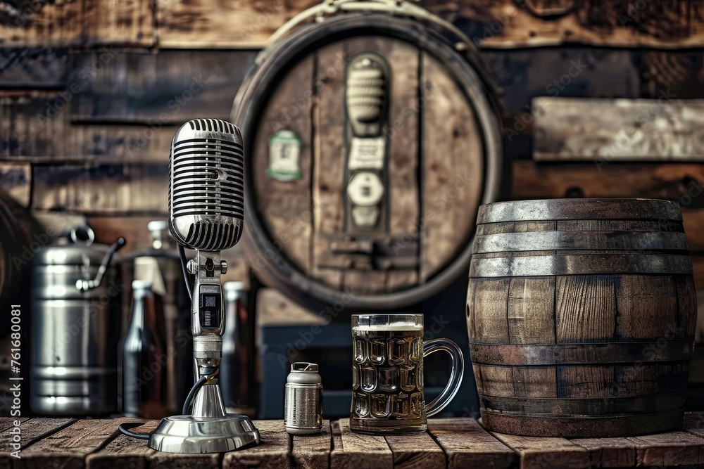 A microphone rests on top of a sturdy wooden table, ready to capture crisp audio, A vintage microphone flanked by beer mugs and barrels for a brewing enthusiasts' podcast, AI Generated