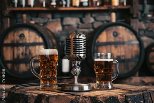A microphone and two mugs of beer are placed on a table, A vintage microphone flanked by beer mugs and barrels for a brewing enthusiasts' podcast, AI Generated