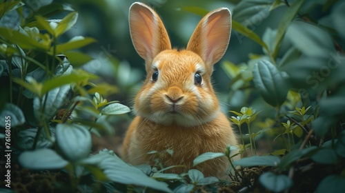 Cute little bunny sitting in the green leafs, close-up © taraskobryn