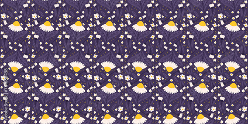 Seamless composition showcasing midnight violet daisy elements. Chamomile recurring surface design on a purple surface