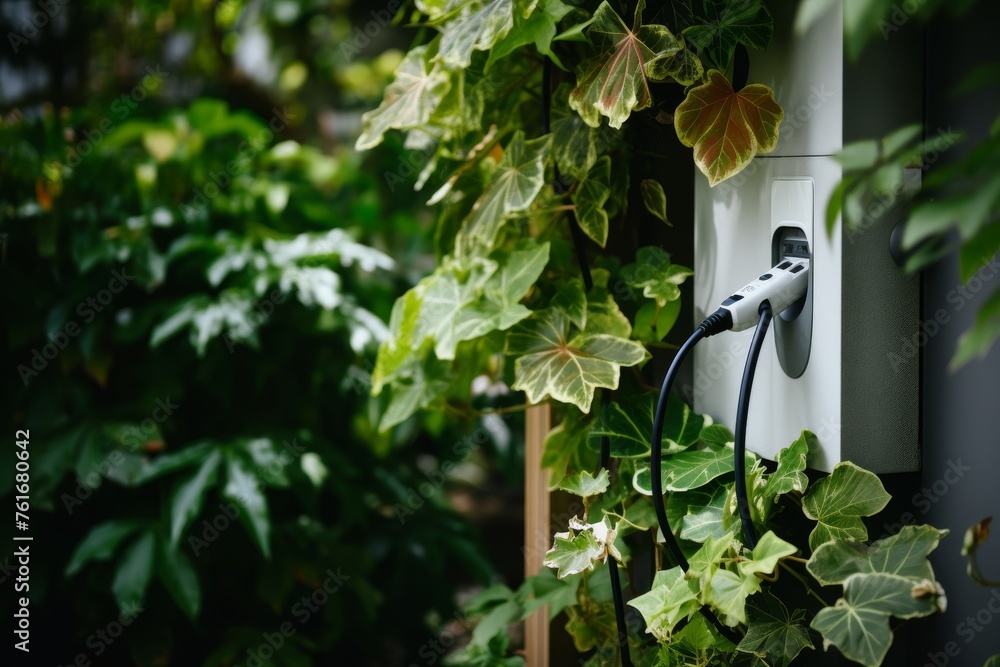 Fototapeta premium Electric vehicle charging station with eco-friendly green energy power supply and technology concept