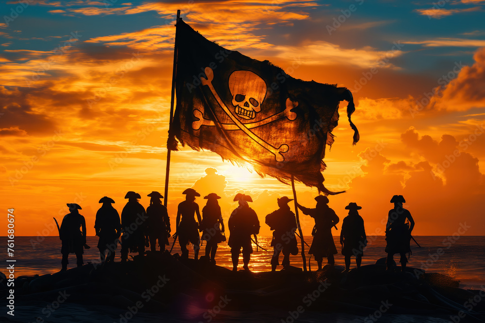 Naklejka premium Pirate crew with a jolly roger flag at sunset on a beach