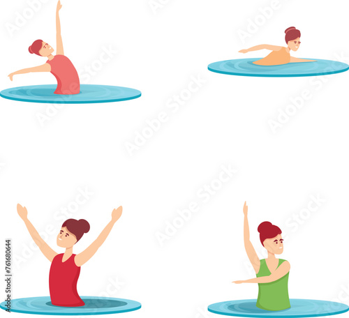 Synchronized swimming icons set cartoon vector. Girl performing stunt in water. Water sport dance competition