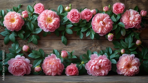 Pink peonies on a blue wooden background