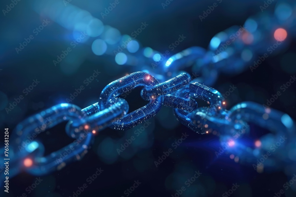 A close-up photo of a shiny blue chain against a blurry background, A visual representation of a cryptographic blockchain, AI Generated