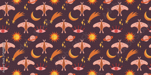 Seamless pattern highlighting a whimsical moth, eye, sun and moon, stars. Delicate folk-style Scandi recurring design for fabric printing, wrapping paper, and various purposes