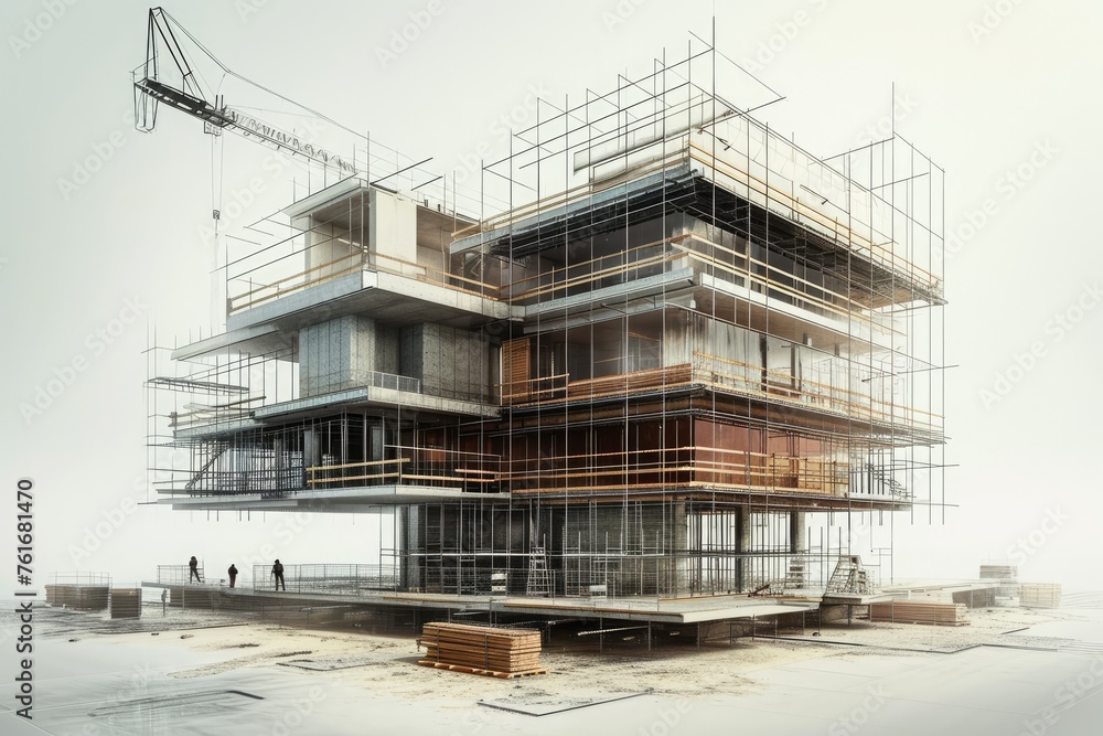 A large building undergoing renovation with scaffolding erected on top, as workers carry out repairs and improvements, A visualization of a building being constructed, layer by layer, AI Generated