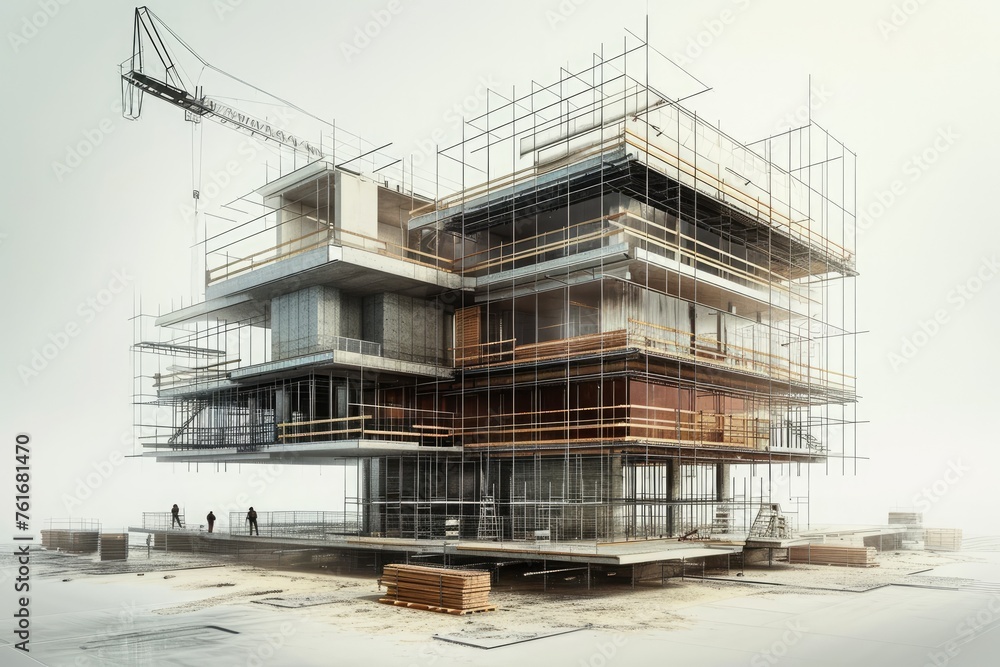 A large building undergoing renovation with scaffolding erected on top, as workers carry out repairs and improvements, A visualization of a building being constructed, layer by layer, AI Generated A large building undergoing renovation with scaffolding erected on top, as workers carry out repairs and improvements, A visualization of a building being constructed, layer by layer, AI Generated